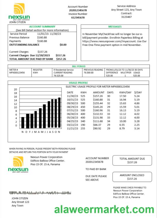 Panama Nexsun Power Corporation electricity utility bill Word and PDF template